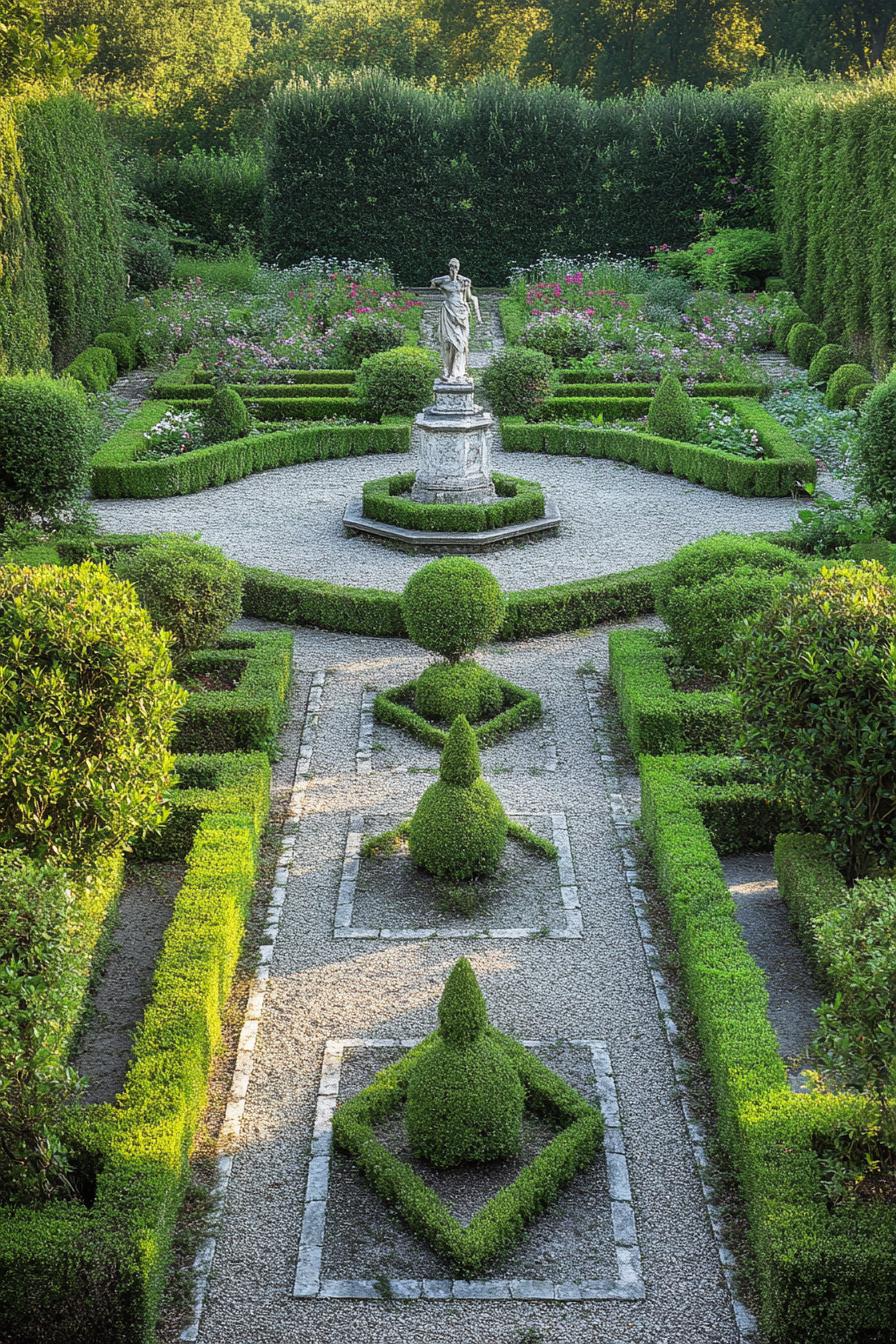 italian garden with geometric shrubs gravel paths and center roman sulpture on a pedestal with greenery