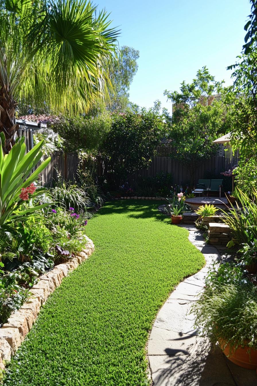 lush native australian backyard garden with lawn native plants and flowers surrounded with small australian palms 1