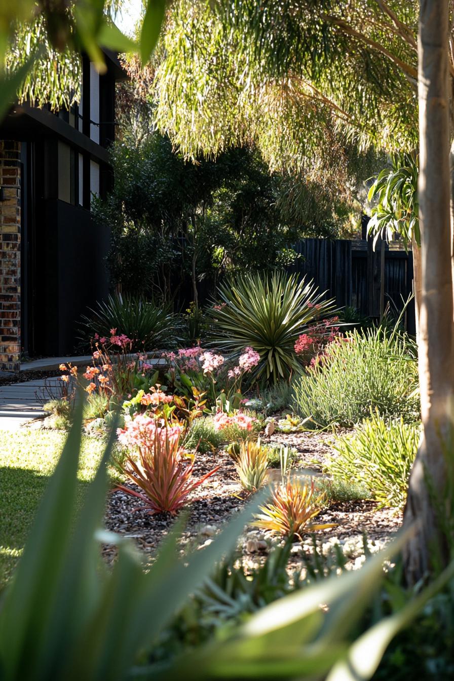 lush native australian backyard garden with lawn native plants and flowers surrounded with small australian palms 2