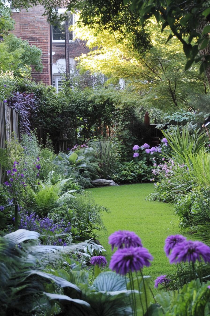 lush native australian backyard garden with lawn native plants and flowers surrounded with small australian palms 3