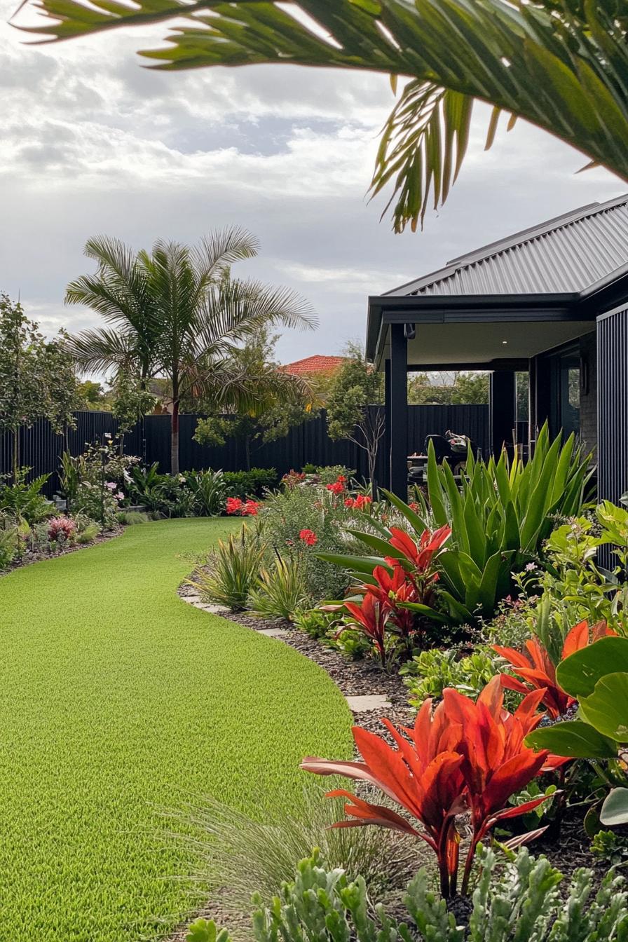 lush native australian backyard garden with lawn native plants and flowers surrounded with small australian palms