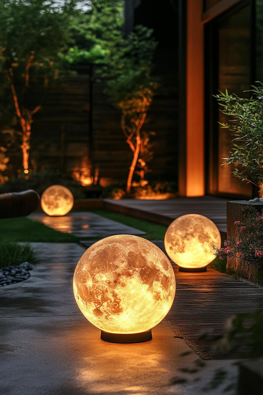 modern backyard garden with LED moon globe garden lamps 1