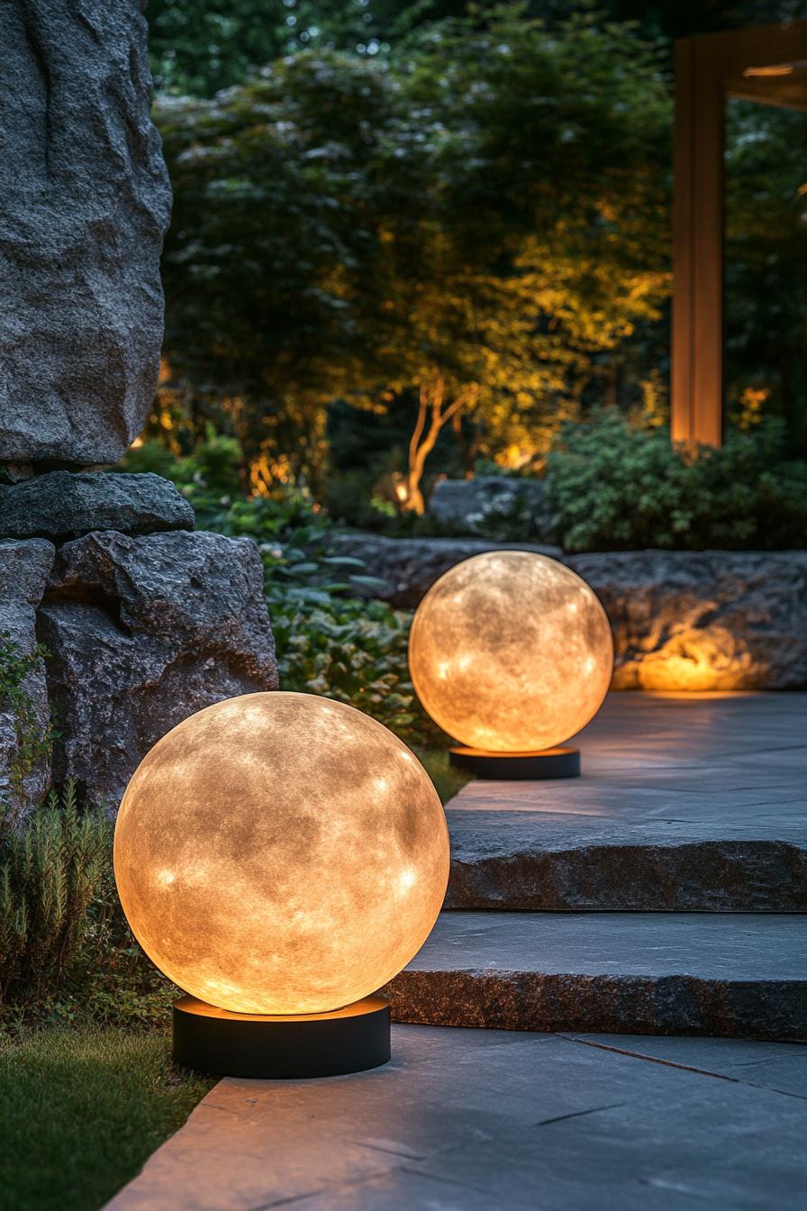 modern backyard garden with LED moon globe garden lamps 2