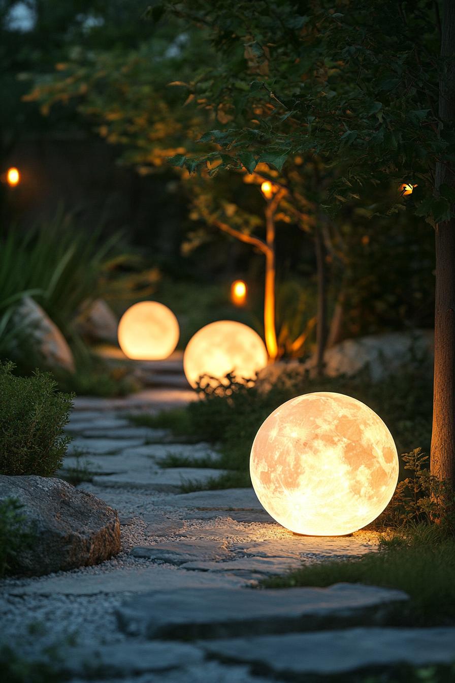 modern backyard garden with LED moon globe garden lamps