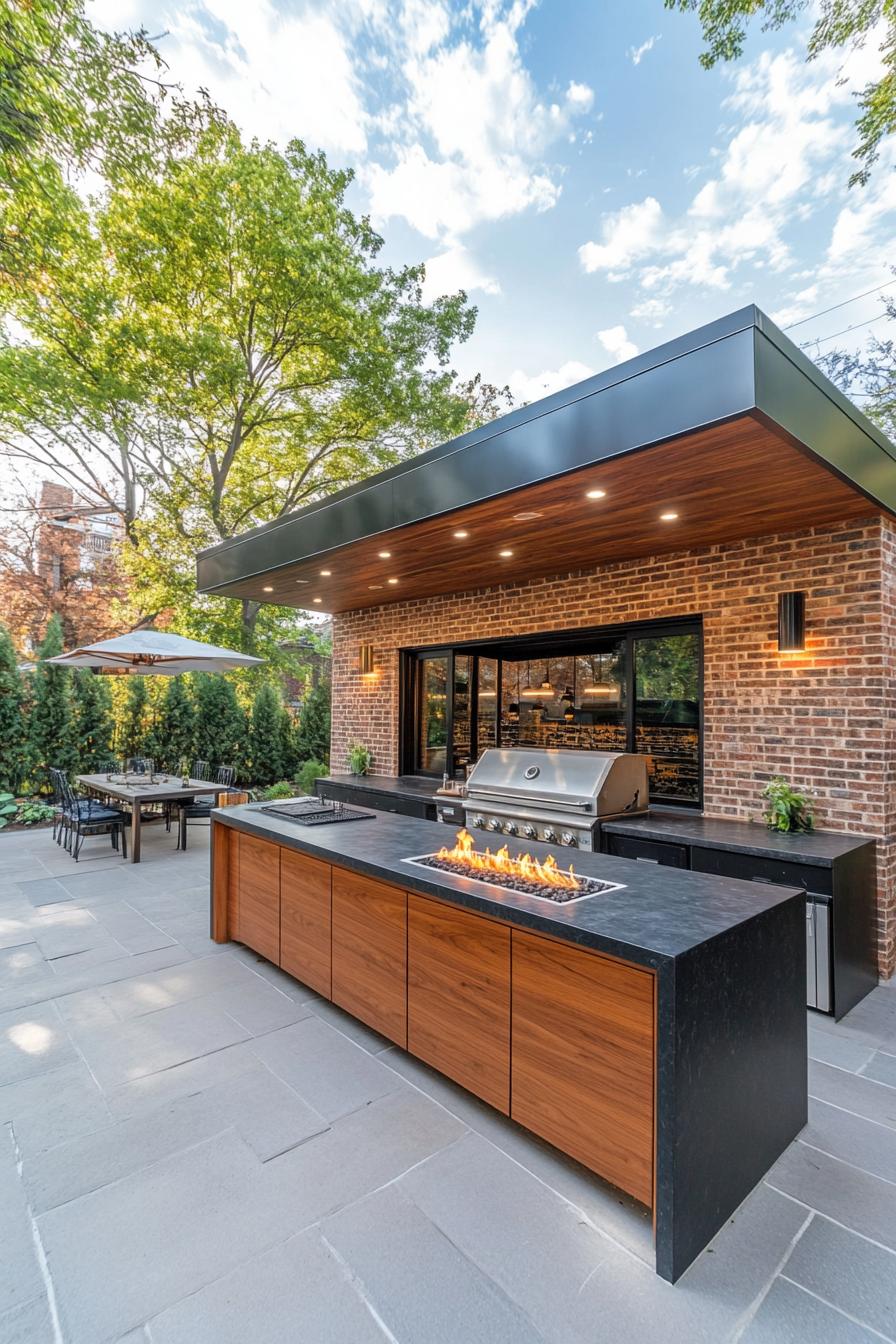 modern bbq station with pattern roof walls with brick siding black countertops paved deck gas firepit on countertop bar 1