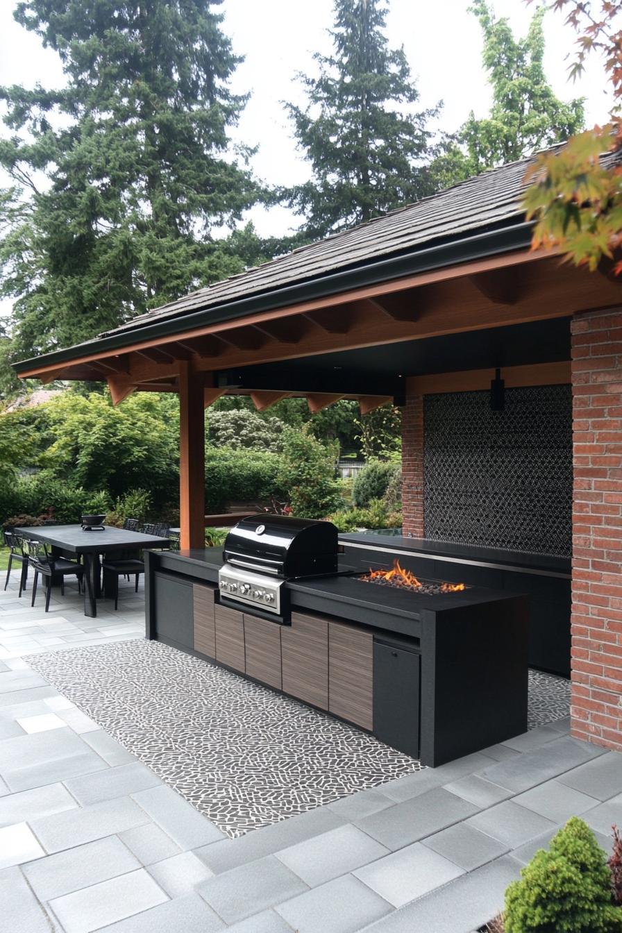 modern bbq station with pattern roof walls with brick siding black countertops paved deck gas firepit on countertop bar