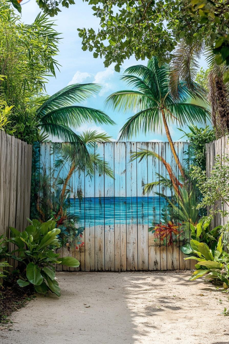 modern garden wooden panel fence with a mural art of ocean tall palms in the garden 1