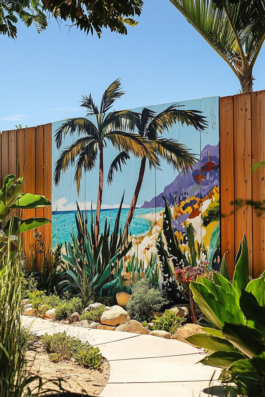 modern garden wooden panel fence with a mural art of ocean tall palms in the garden