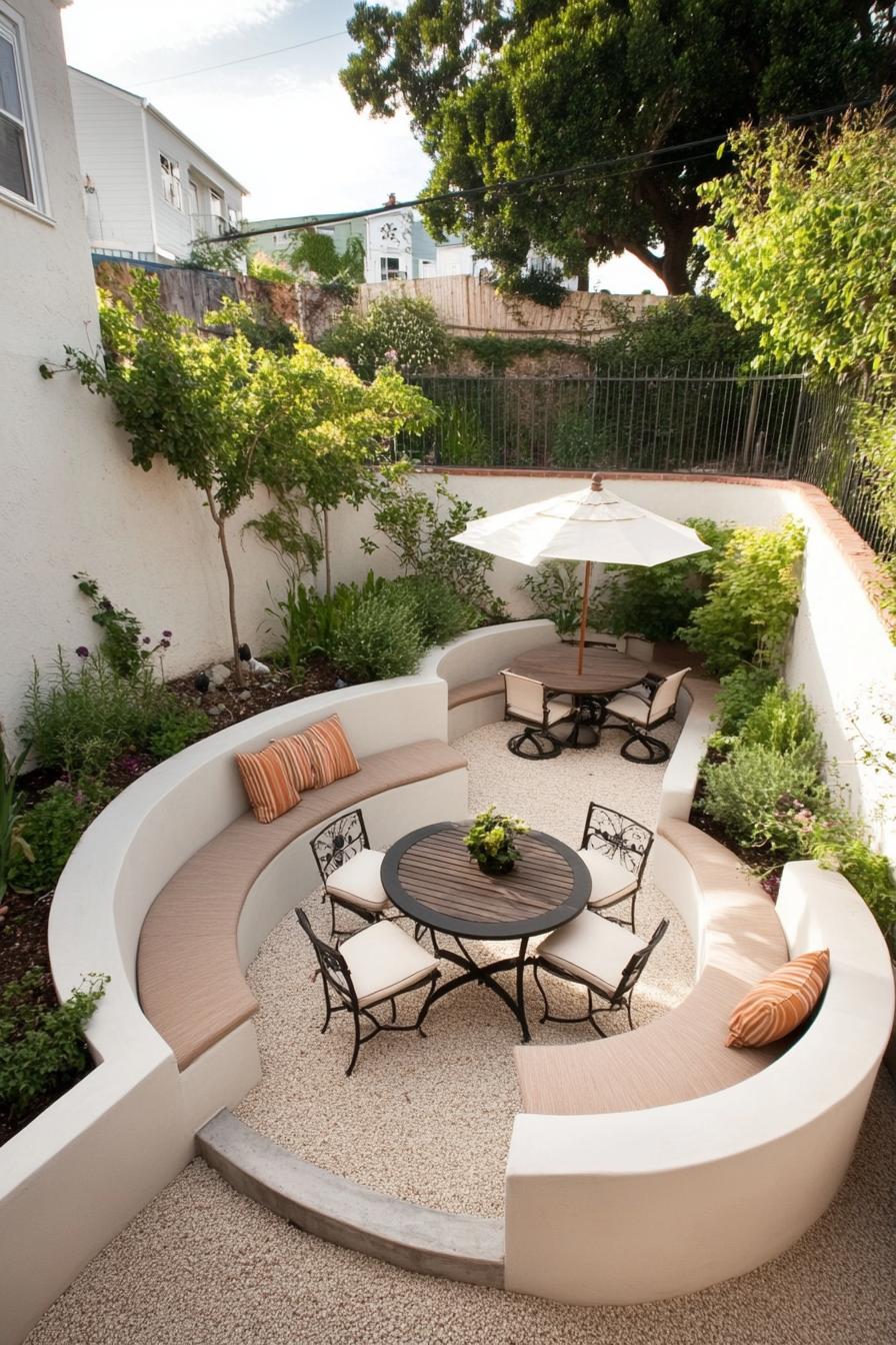 modern mediterranean backyard with white stucco fence concrete planter beds with native plants small trees built in bench with cushions round 1