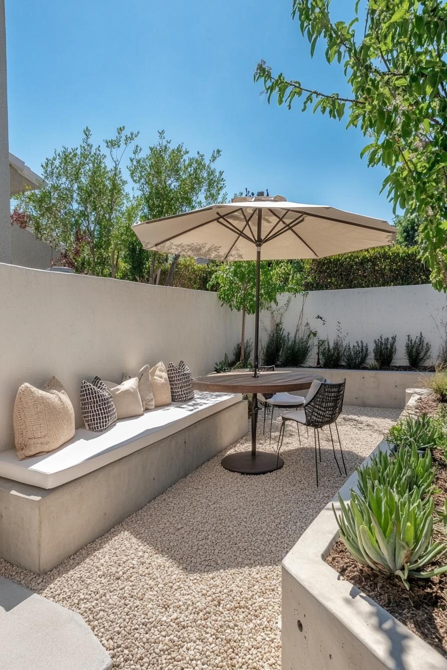 modern mediterranean backyard with white stucco fence concrete planter beds with native plants small trees built in bench with cushions round