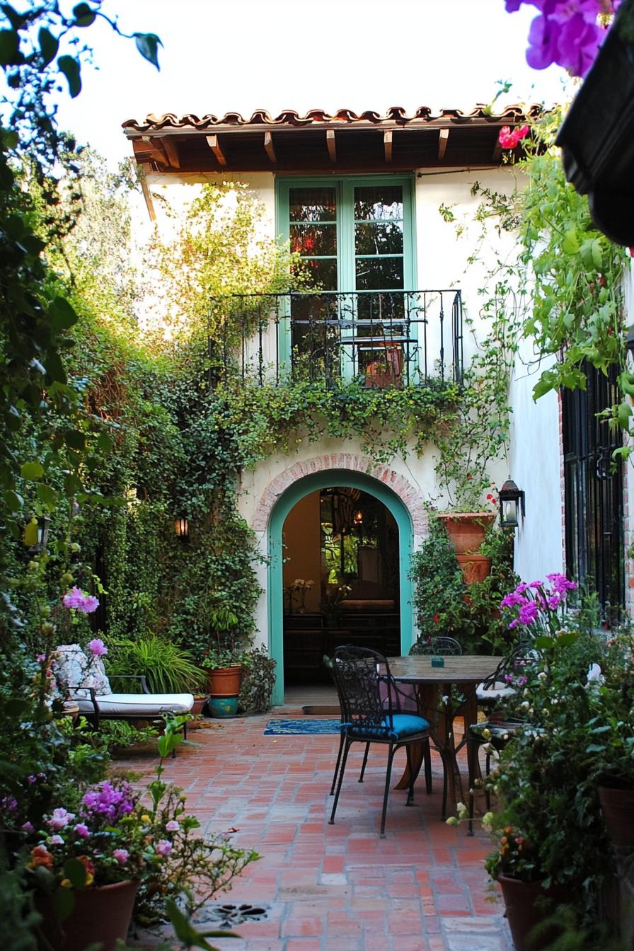 tiny patio garden between house walls theres an arch doorway in one wall lush plants overgrown with greenery fence there are potted flowers 1