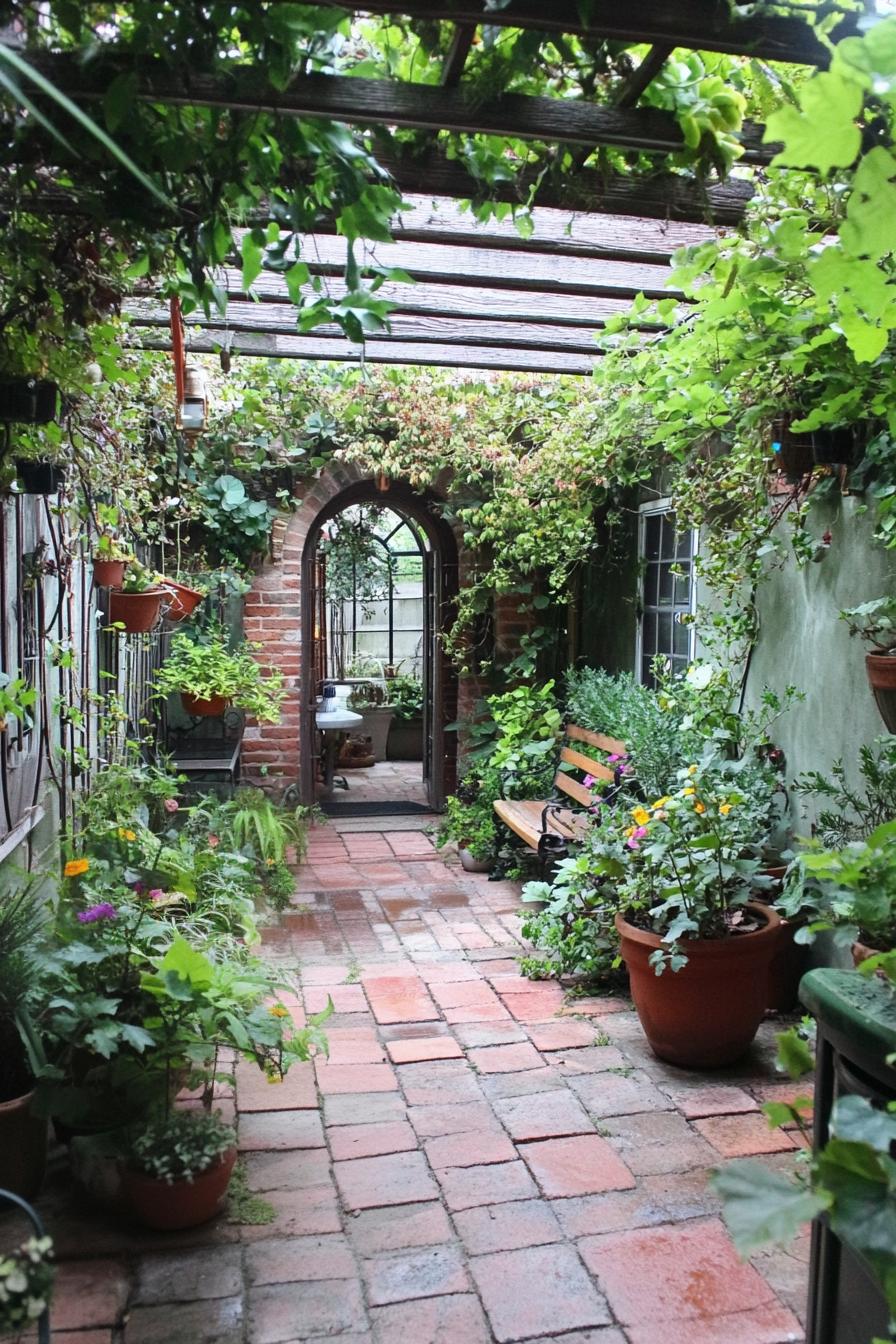 tiny patio garden between house walls theres an arch doorway in one wall lush plants overgrown with greenery fence there are potted flowers 2