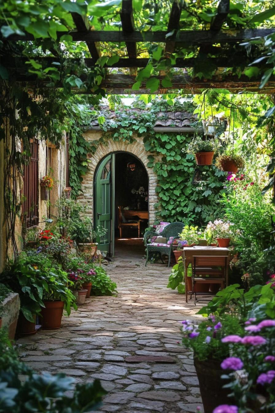 tiny patio garden between house walls theres an arch doorway in one wall lush plants overgrown with greenery fence there are potted flowers