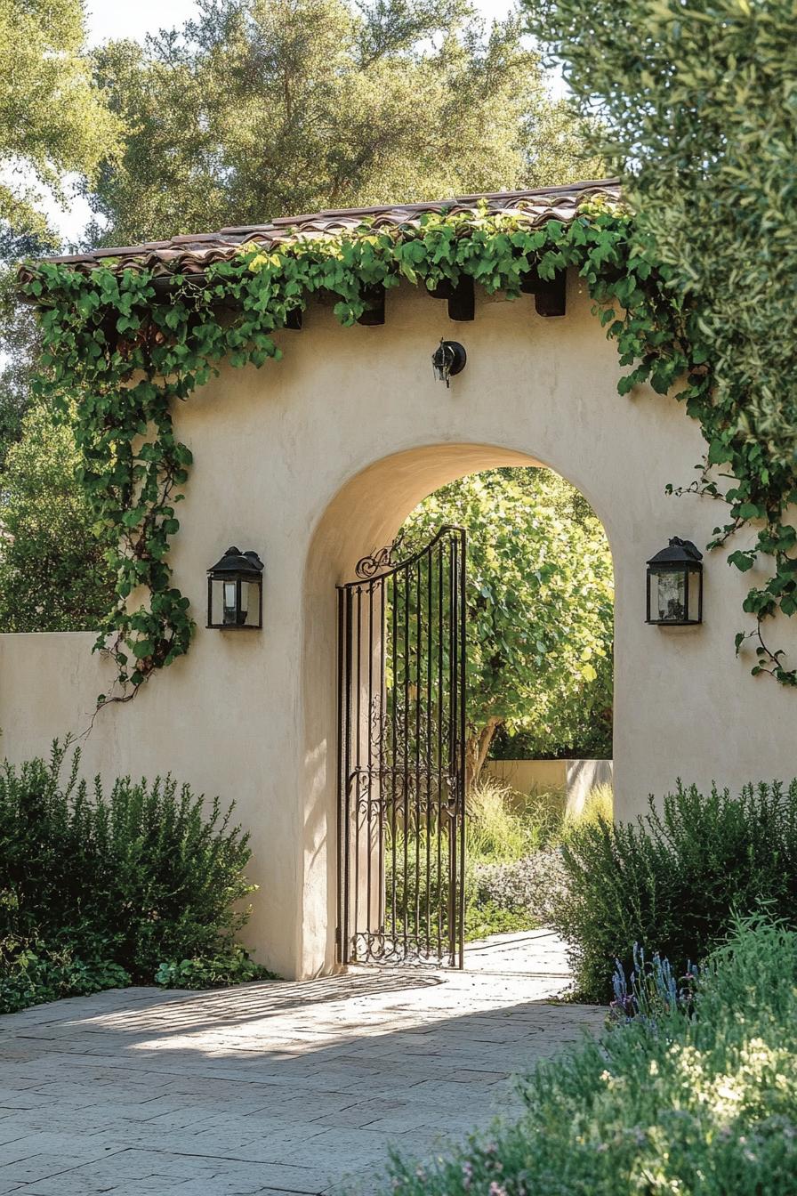 French yard garden with stucco wall and arched gateway with iron gate overgrown with vines 1