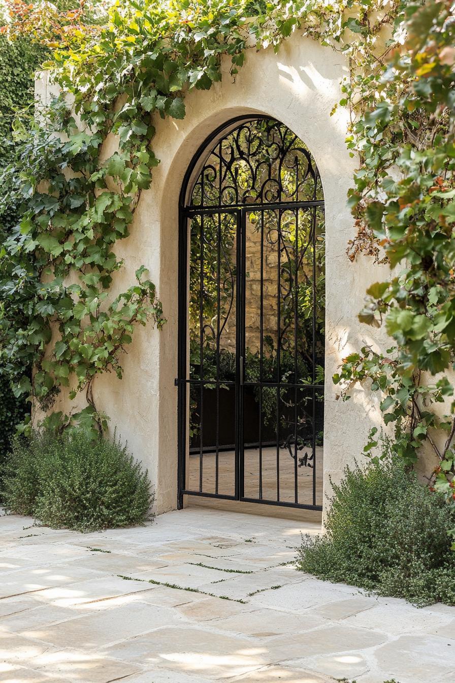 French yard garden with stucco wall and arched gateway with iron gate overgrown with vines 2