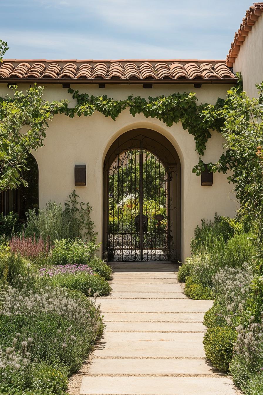 French yard garden with stucco wall and arched gateway with iron gate overgrown with vines 3