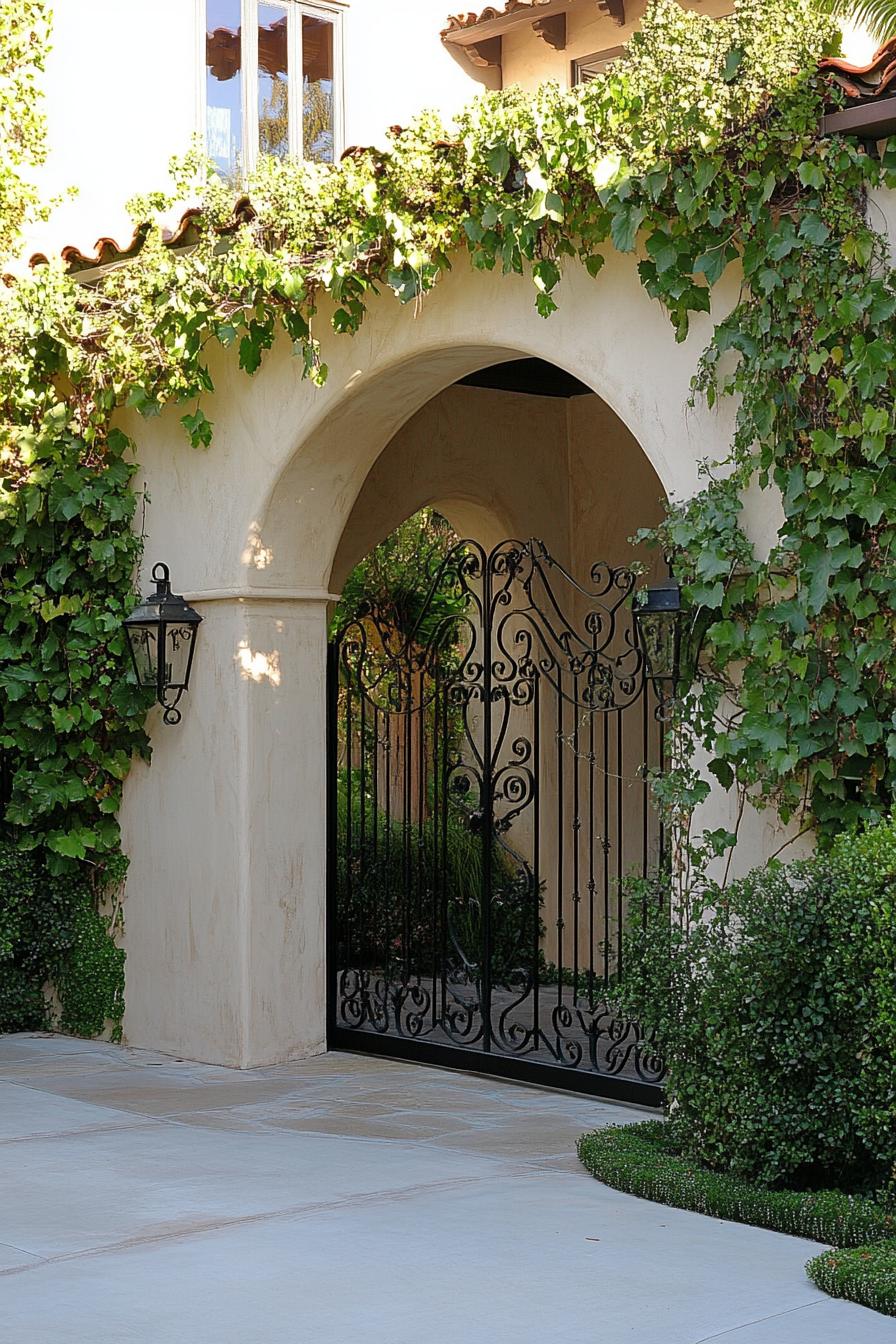 French yard garden with stucco wall and arched gateway with iron gate overgrown with vines