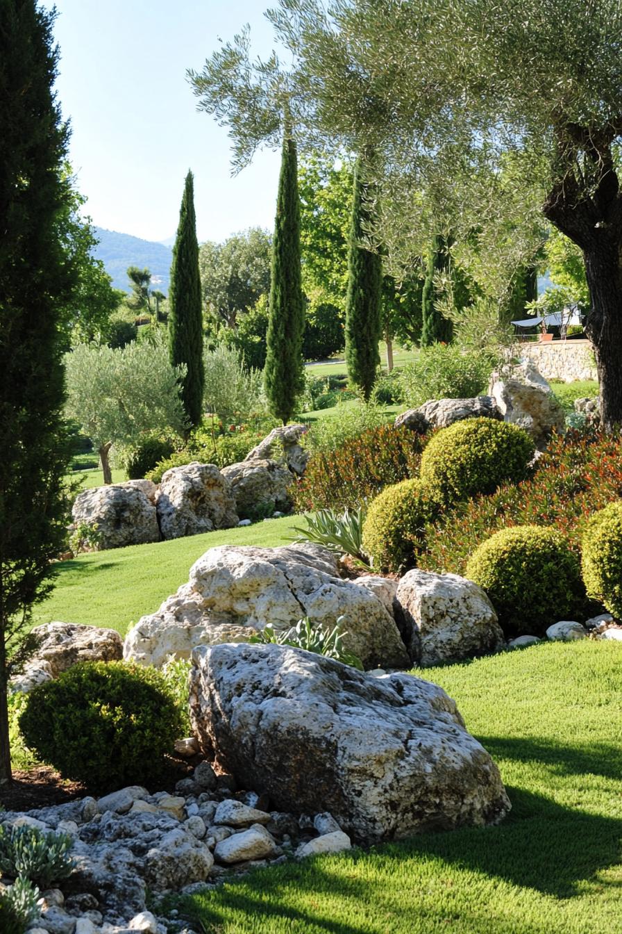 Italian garden with old olive trees native plants boulders and lawn Italian cypress trees in the background 1