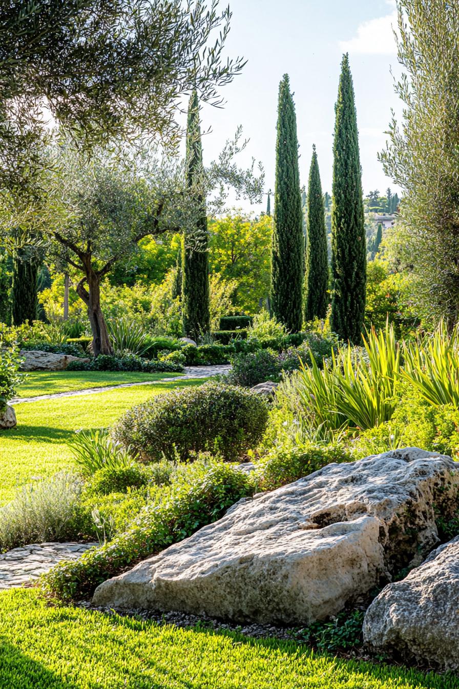 Italian garden with old olive trees native plants boulders and lawn Italian cypress trees in the background 2