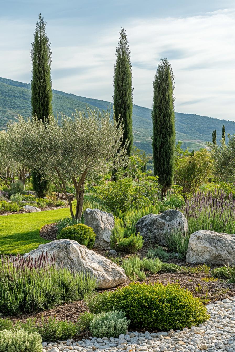 Italian garden with old olive trees native plants boulders and lawn Italian cypress trees in the background 3