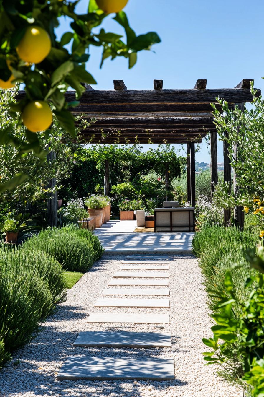 garden path with shrubs and pergola with lemon tree branches 1