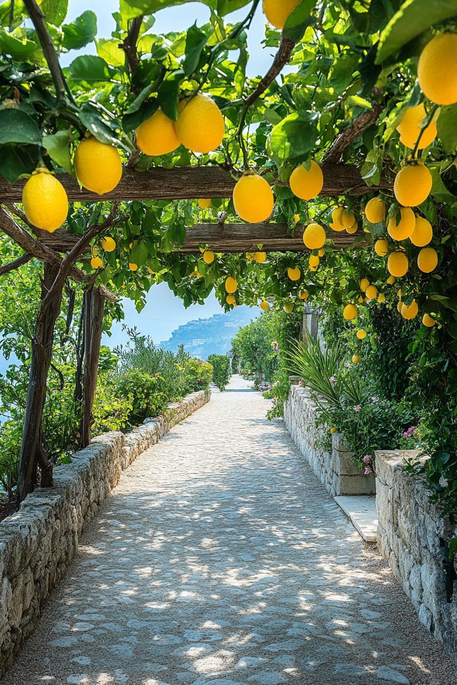 garden path with shrubs and pergola with lemon tree branches 2