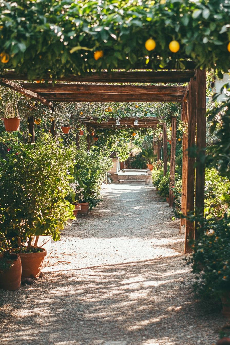 garden path with shrubs and pergola with lemon tree branches 3