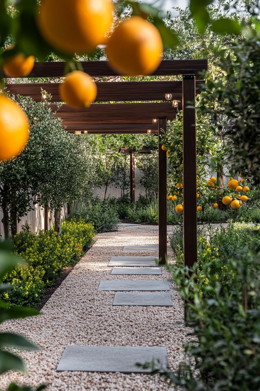 garden path with shrubs and pergola with lemon tree branches