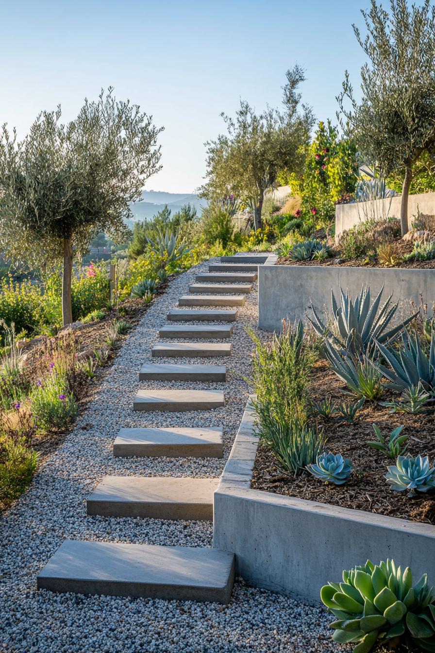 mediterranean landscaping on gravel fenced off with concrete walls stone stepping stones aloe plants succulents and olive trees 1