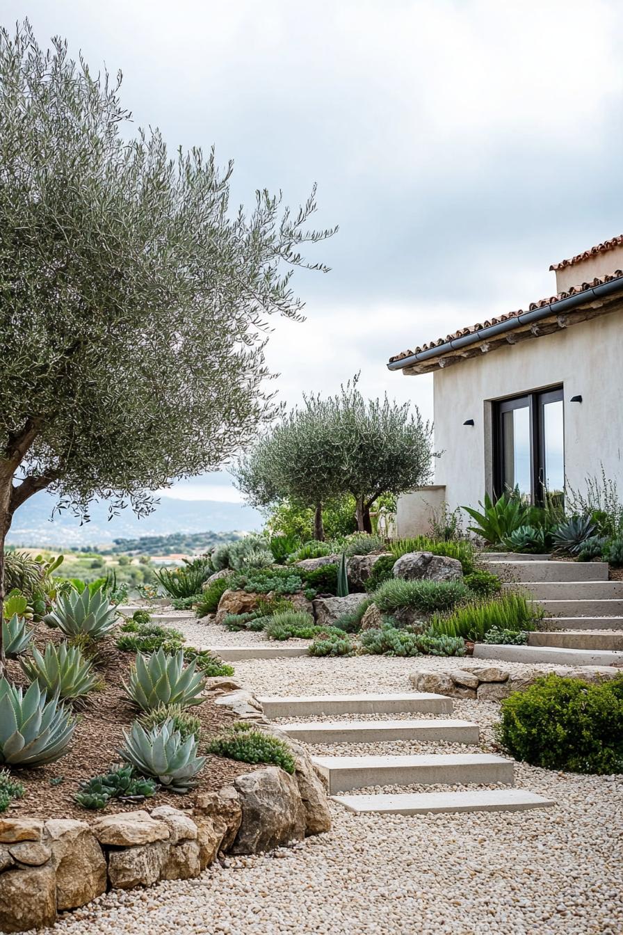 mediterranean landscaping on gravel fenced off with concrete walls stone stepping stones aloe plants succulents and olive trees 2