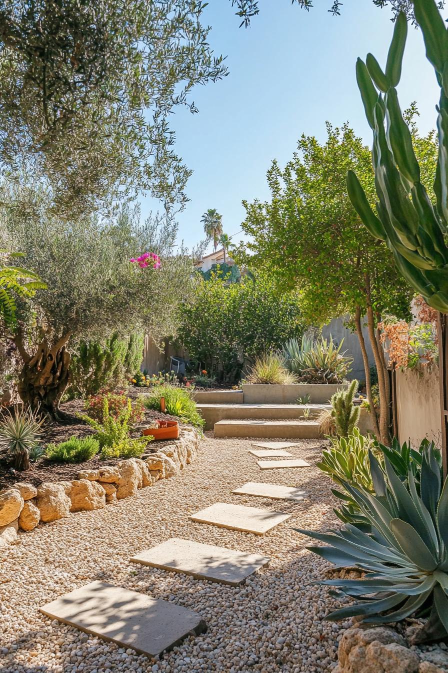 mediterranean landscaping on gravel fenced off with concrete walls stone stepping stones aloe plants succulents and olive trees