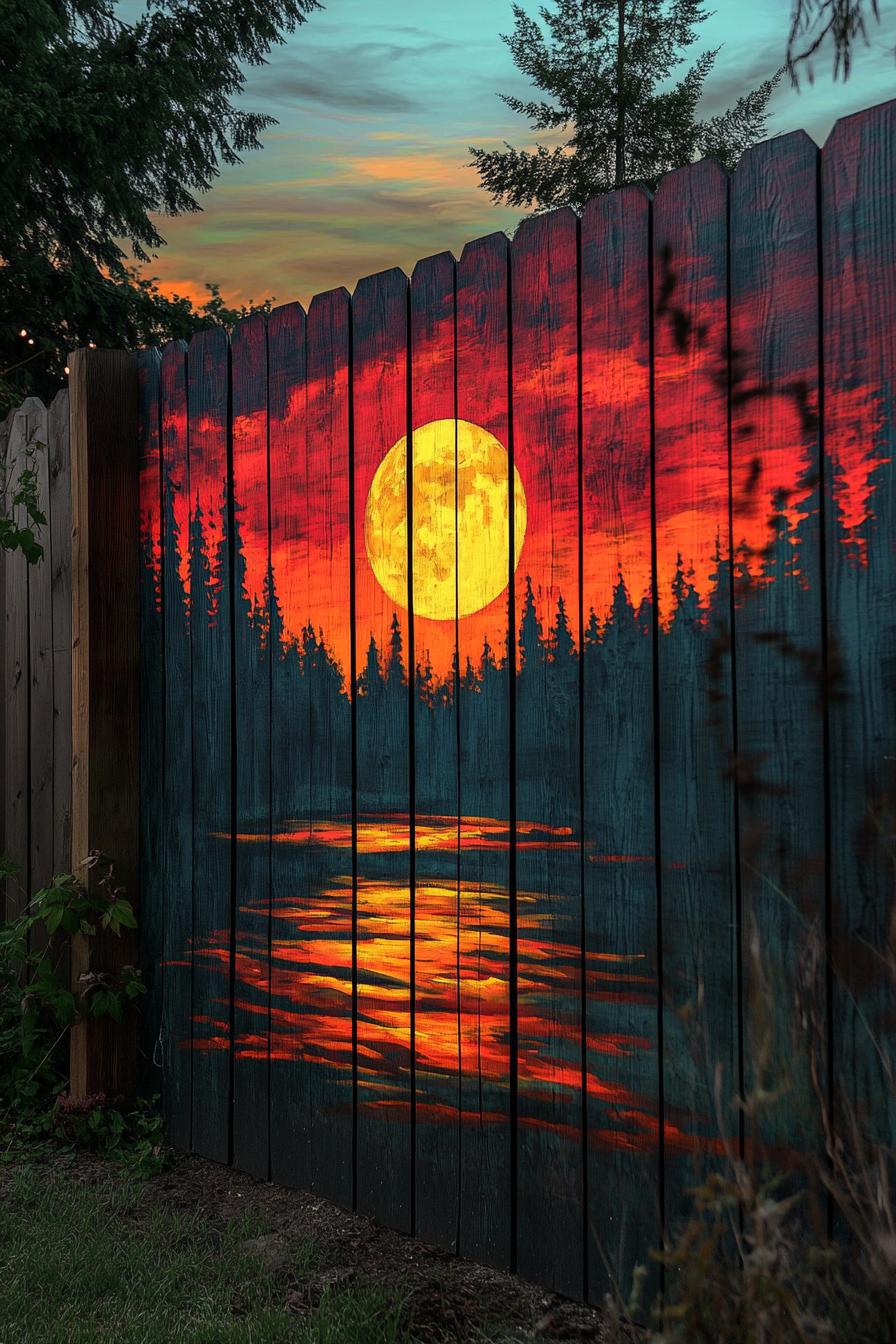 modern backyard woodn panel fence art painted with glowing paint art evening scene 1