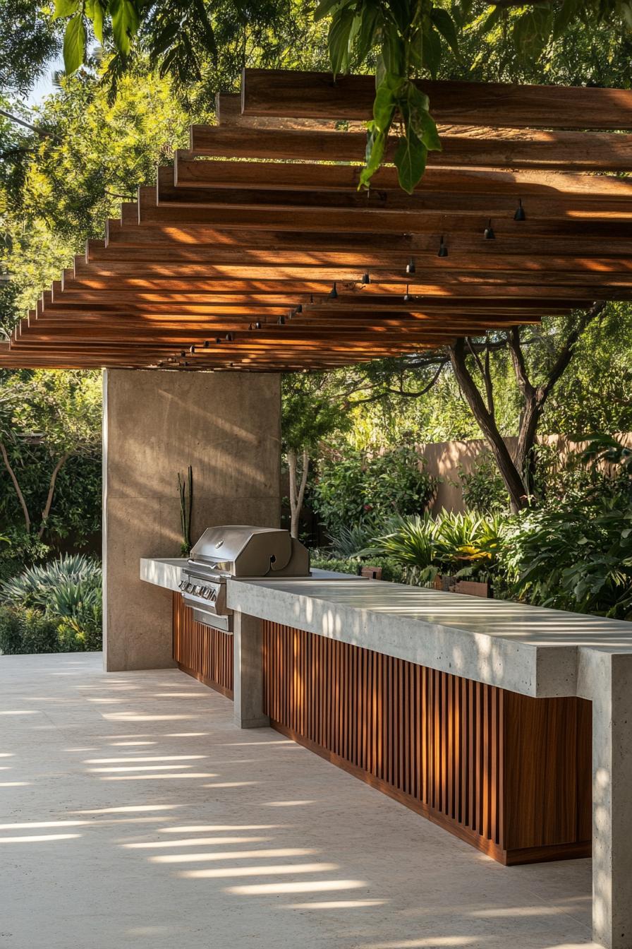 modern bbq station with fluted cabinets concrete countertop and bar pergola cover lush garden landscape 1