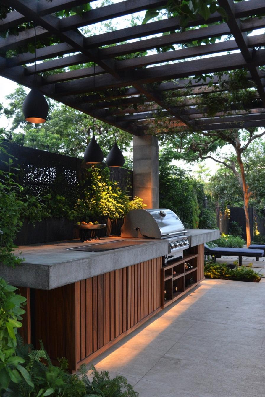 modern bbq station with fluted cabinets concrete countertop and bar pergola cover lush garden landscape