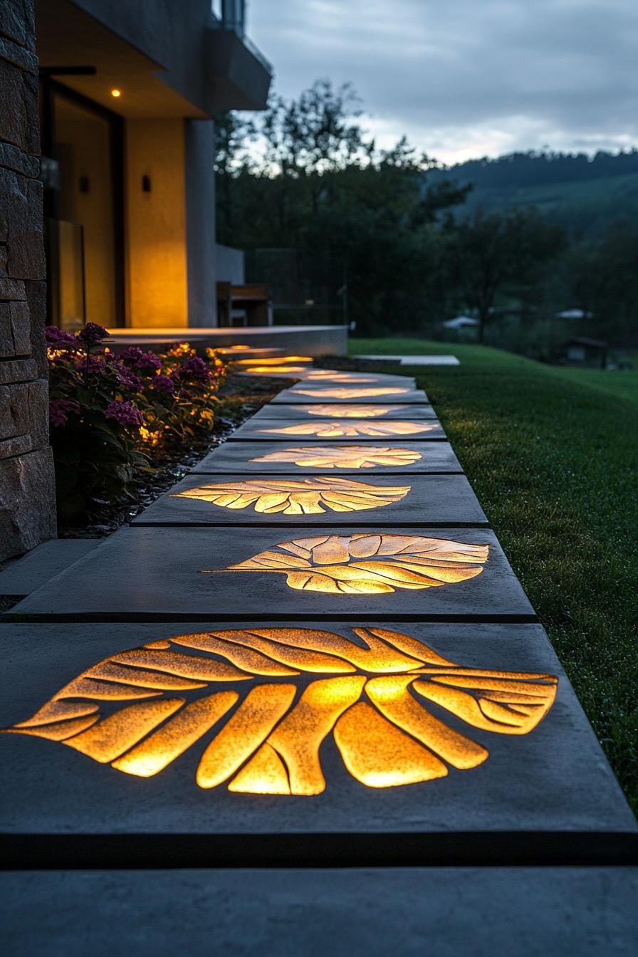 modern home backyard garden with flowers and a concrete slab path with LED lamps in leaf imprints 1