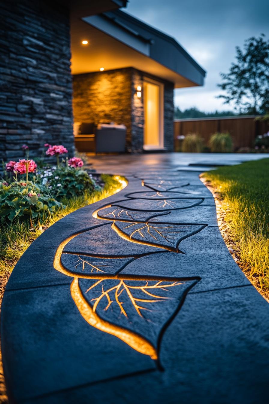 modern home backyard garden with flowers and a concrete slab path with LED lamps in leaf imprints 2