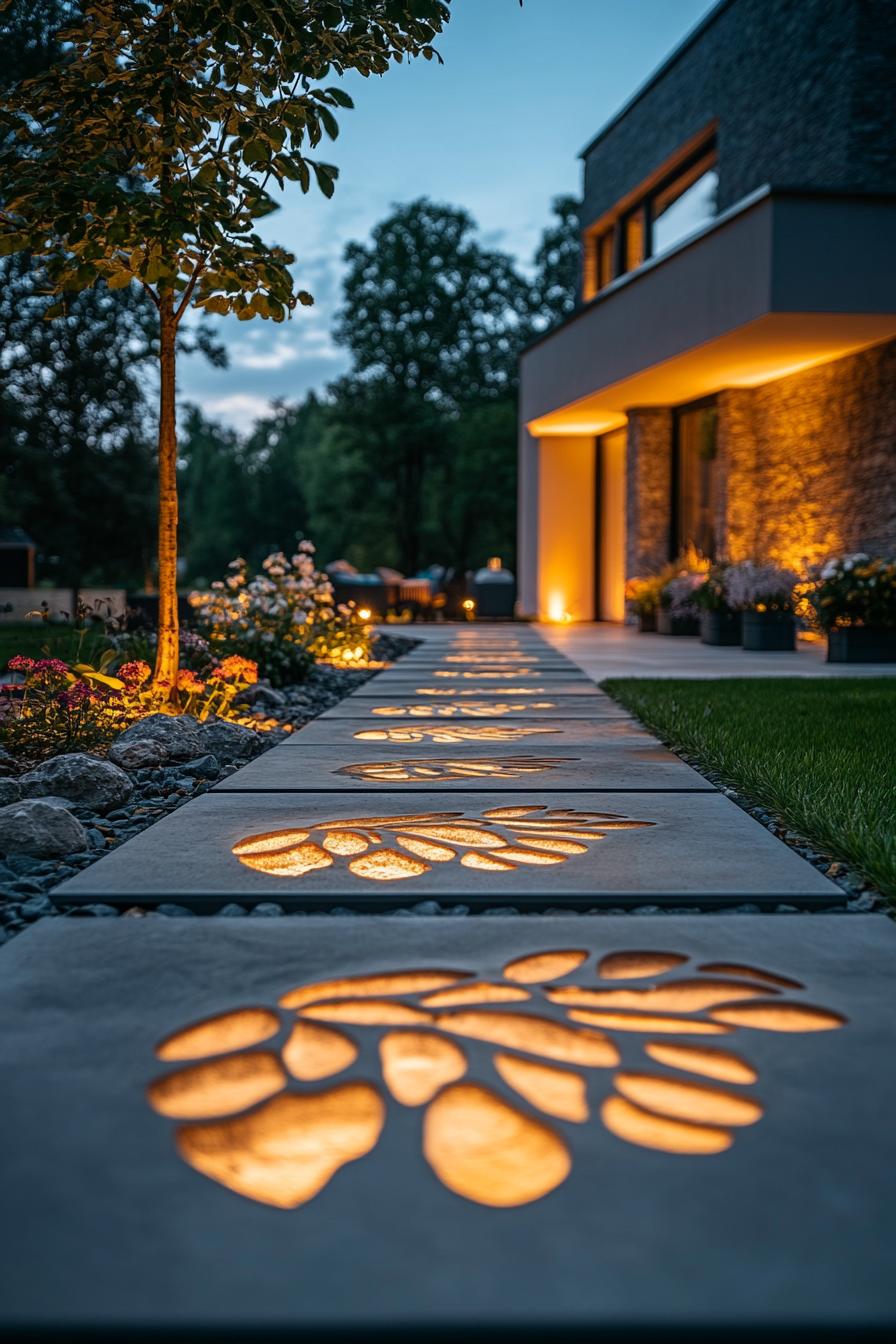 modern home backyard garden with flowers and a concrete slab path with LED lamps in leaf imprints