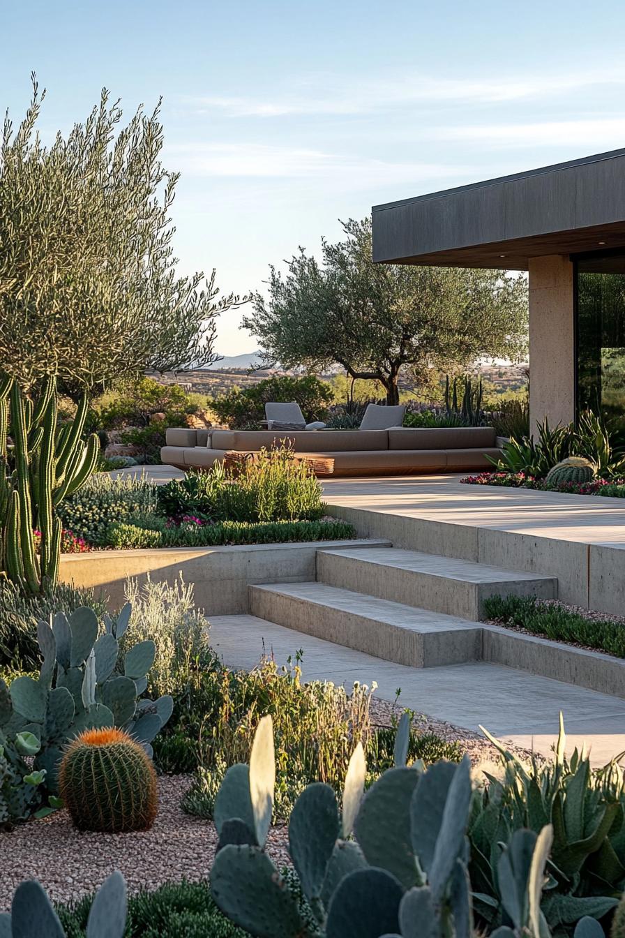 modern mediterranean courtyard garden with concrete terraces cacti and native plants olive trees modern outdoor low profile lounge furniture 1