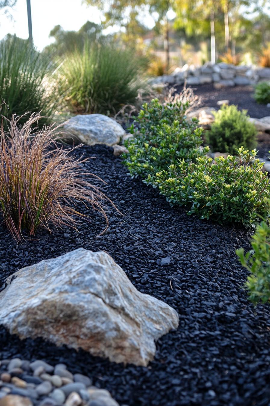 native australian backyard garden with dark mulch rocks native grasses and bushes 1