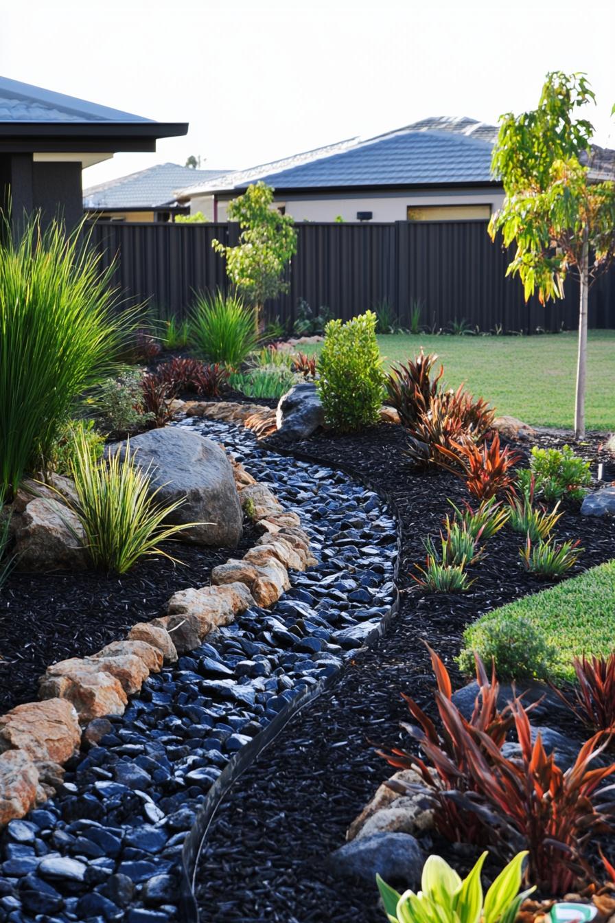 native australian backyard garden with dark mulch rocks native grasses and bushes 2