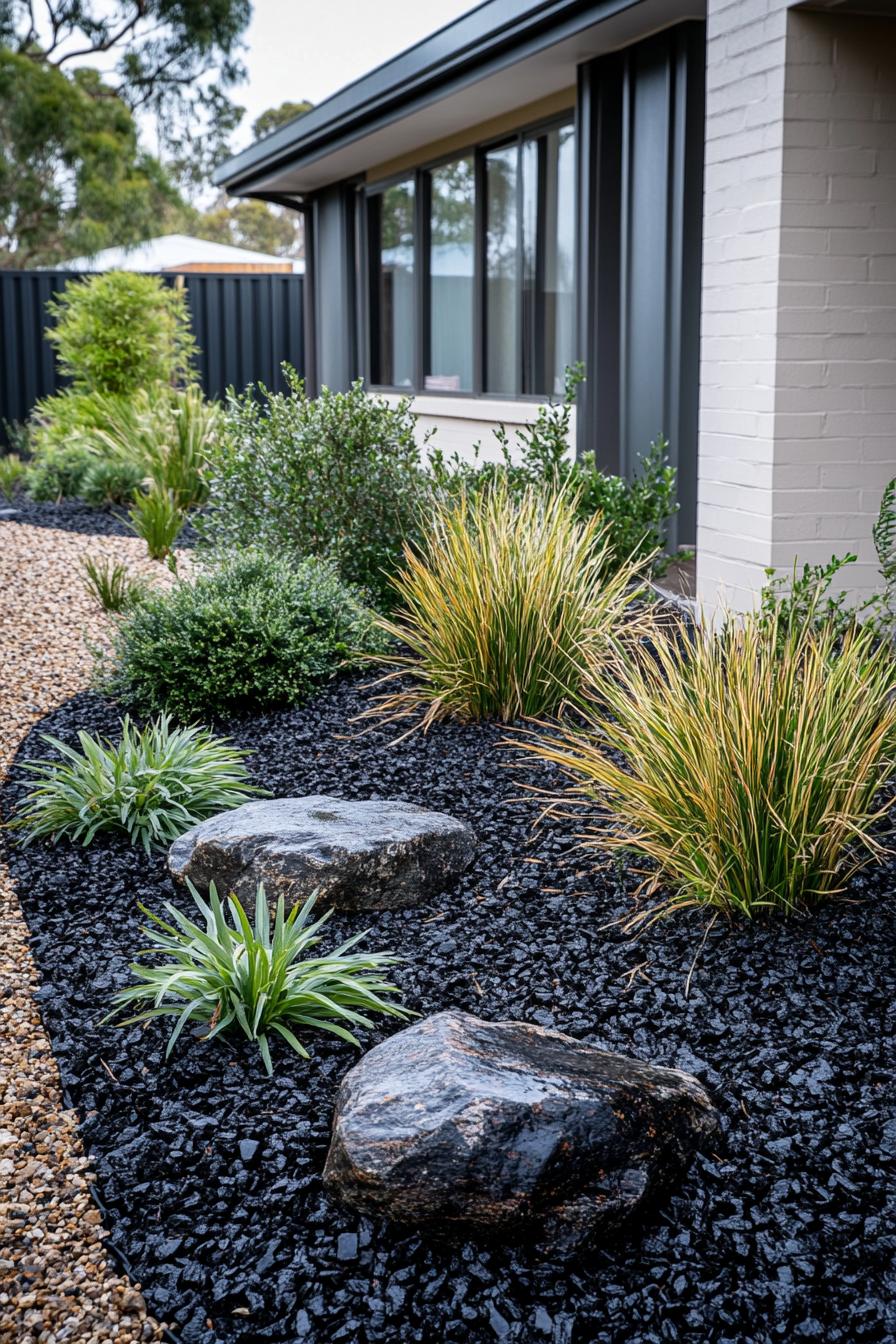 native australian backyard garden with dark mulch rocks native grasses and bushes 3