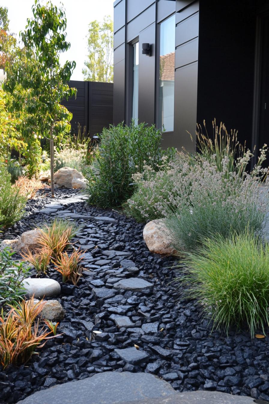 native australian backyard garden with dark mulch rocks native grasses and bushes