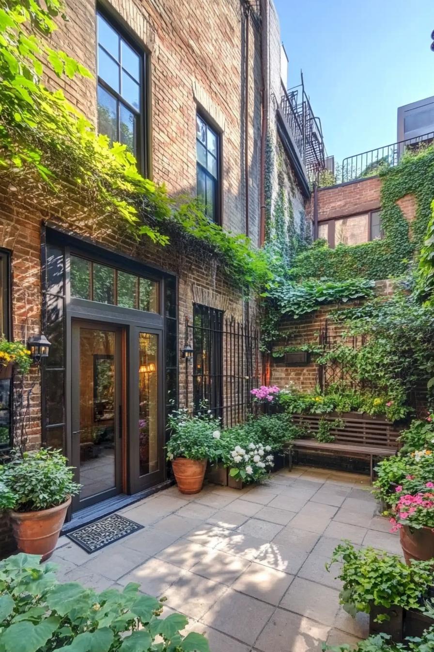 tiny patio garden in front of townhouse entry door windows on side walls paved patio flower pots around vines on wall garden bench seating 1