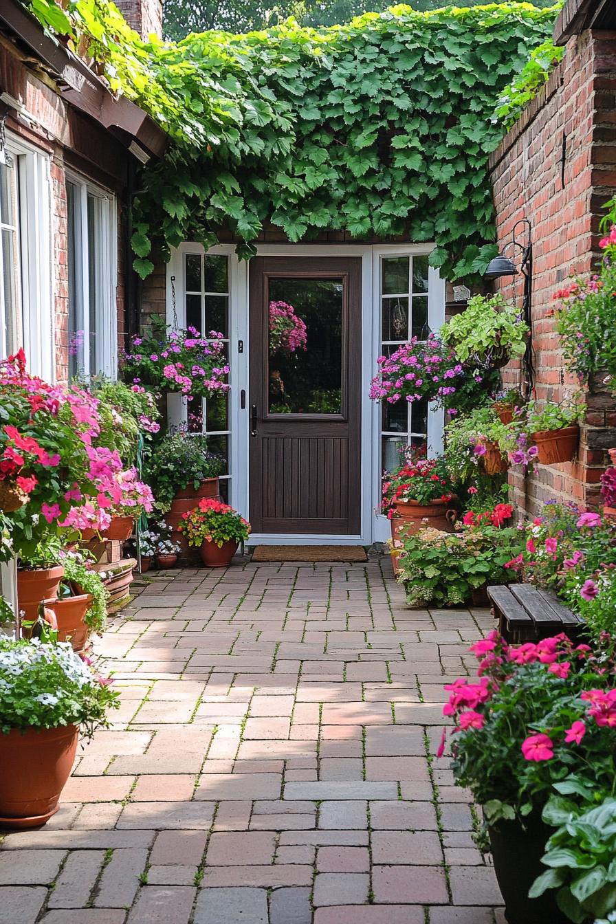 tiny patio garden in front of townhouse entry door windows on side walls paved patio flower pots around vines on wall garden bench seating 2