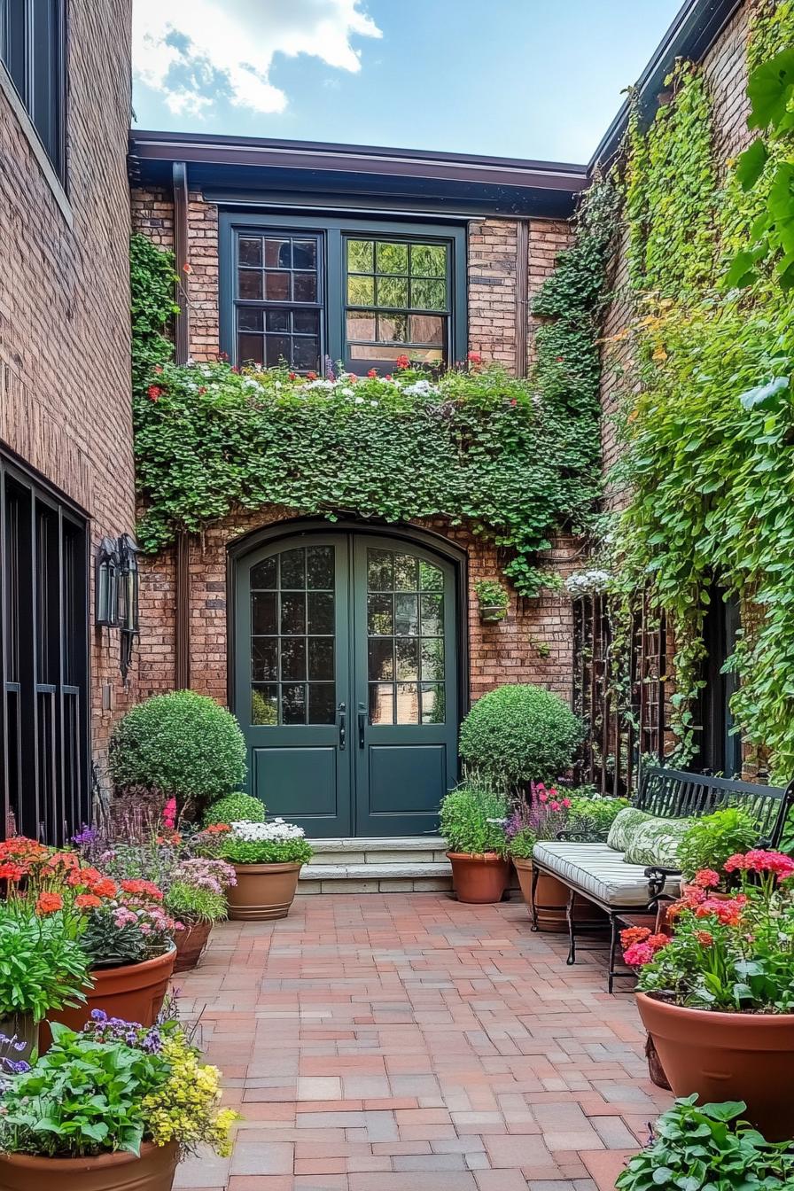 tiny patio garden in front of townhouse entry door windows on side walls paved patio flower pots around vines on wall garden bench seating 3