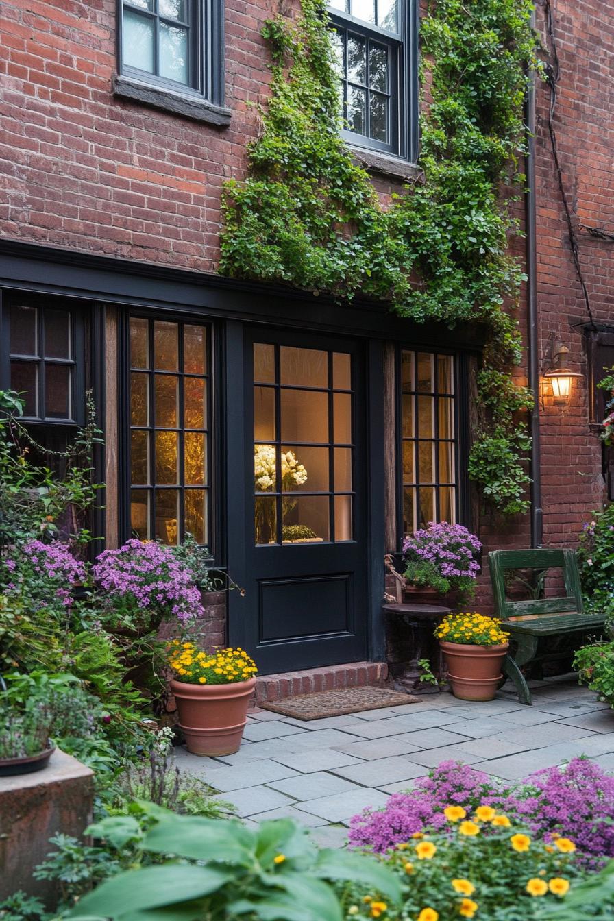 tiny patio garden in front of townhouse entry door windows on side walls paved patio flower pots around vines on wall garden bench seating