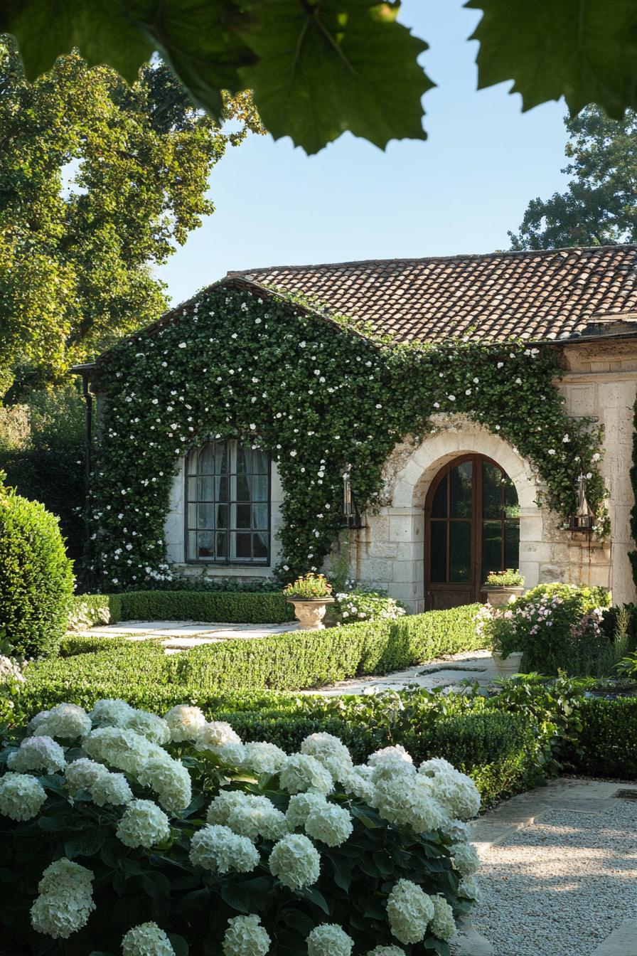 French cottage yard garden with arches geometric shrubs hydrangeas walls with vines 1