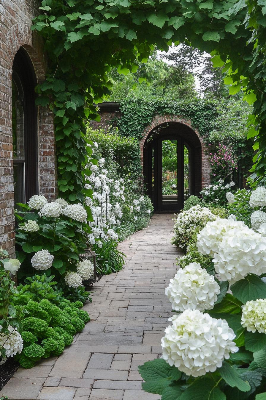 French cottage yard garden with arches geometric shrubs hydrangeas walls with vines