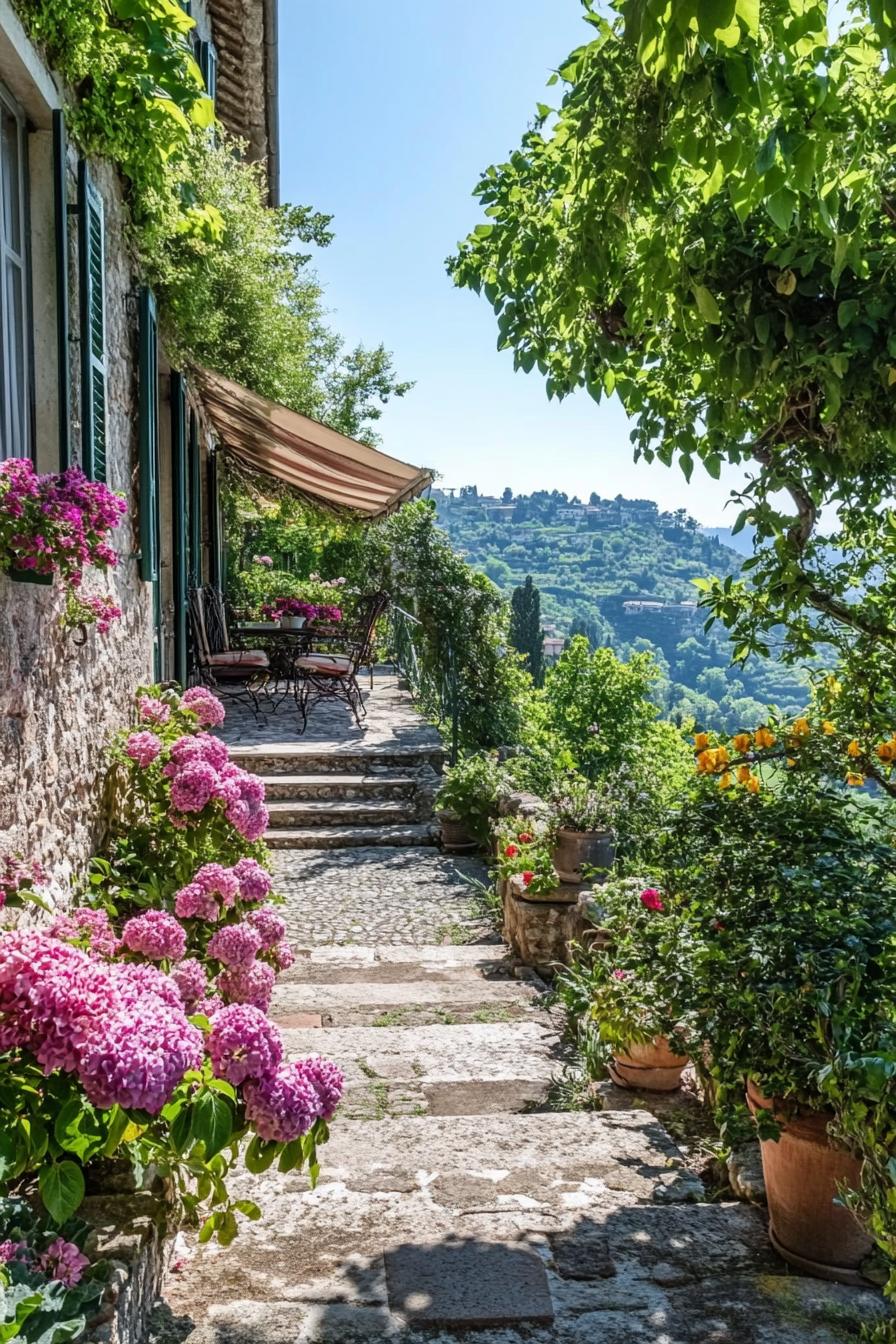 Italian yard garden with stone tile steps lined with lush blossoming flower bushes small patio with garden furniture in the distance 1