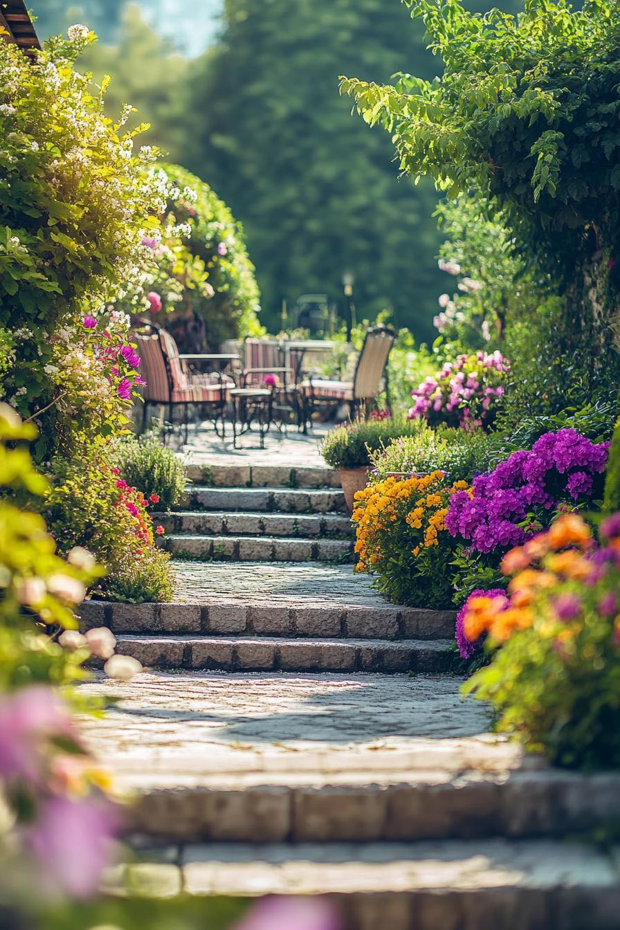 Italian yard garden with stone tile steps lined with lush blossoming flower bushes small patio with garden furniture in the distance